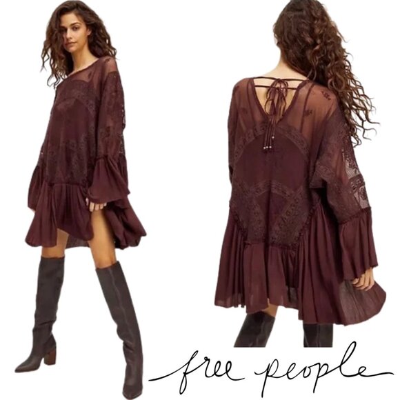 Free People Dresses & Skirts - Free People Lace Swing Mini Oversized Dress - Bell Sleeves, Tie‑Back, Size Small